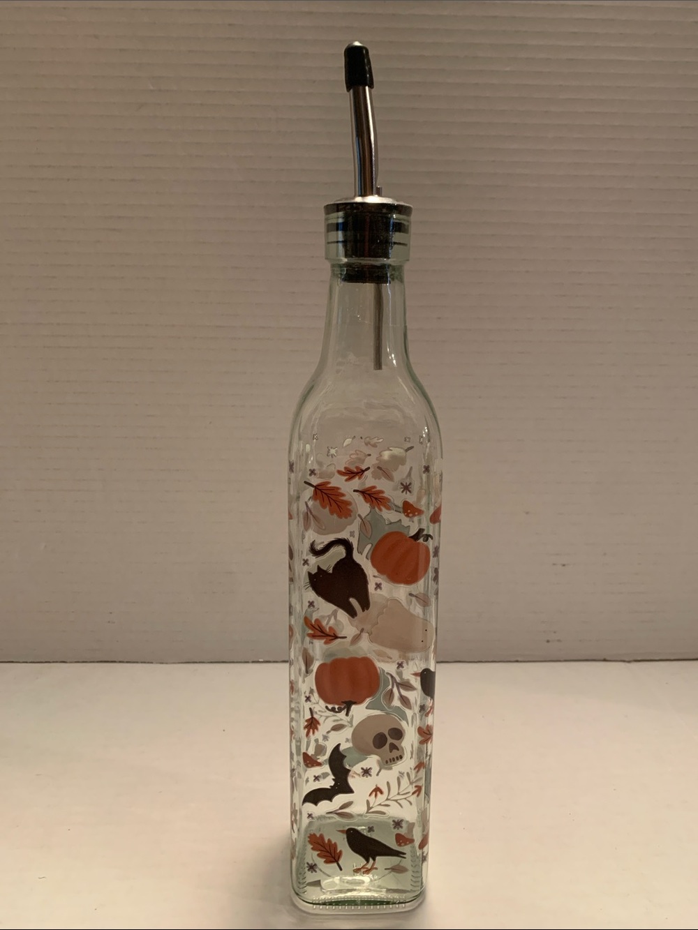 Glass Olive Oil & Vinegar Bottle Dispenser Halloween Pumpkin Skull Cats Bats NEW